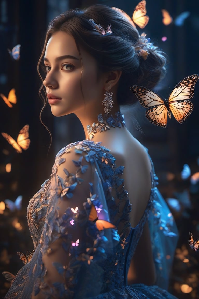 A girl wearing ,glowing butterflies gown dress,fantacy,  ,cinematic, photography,  hyper detailed, trending on artstation, sharp focus, studio photo, intricate details, highly detailed,detailed face, detailed, (ultra hd,) ,photo r3al