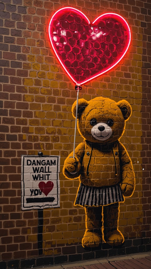 a teddy bear with a sign that says "I love you", and next to the honeycomb, honey flows from the honeycomb.neon background on honey background,“Photo of a wall in the city. On the wall  we see detailed graffiti with a girl holing a red balloon in the style of Banksy, the graffiti text reads "DREAM DIFFUSION FLUX".”