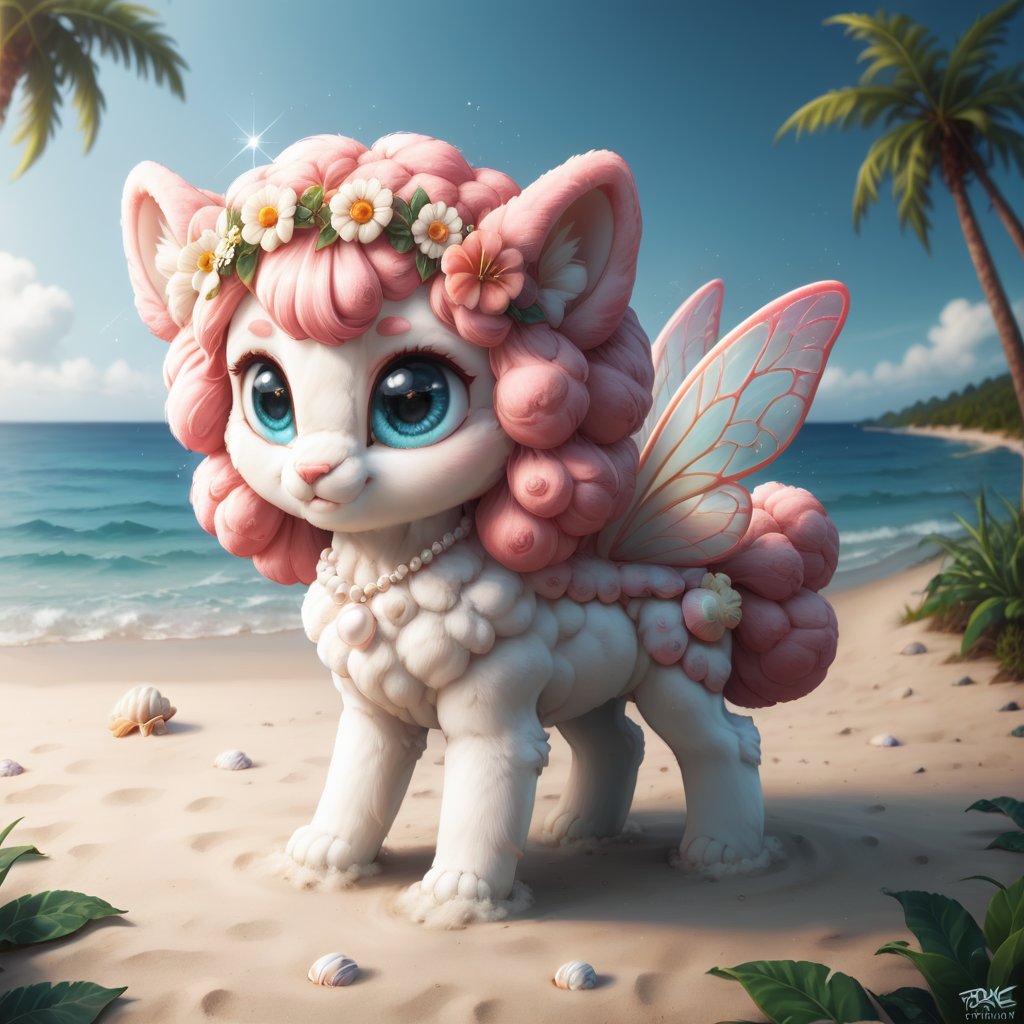 surreal, two absolutely cute fluffy (pink-blue) furries, creatures playing (with a large magic shell), white sand, sea, garland of lanterns, water, big eyes, sparkle, gentle evening in the tropics, shells, transparency, fractals of light, sumi-e Midjourney, palm trees, flowers, octane render, fairy tale, bokeh, neon lines + lumens, fireflies pearl highlights, realistic, hyperization, hdr