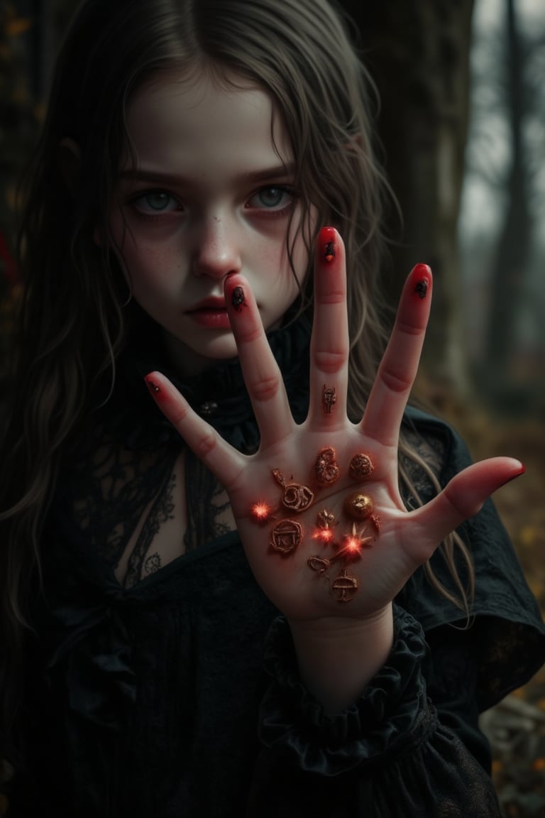 a girl in a Gothic dress shows her hand on which, 5 fingers, symbols are burned on her hand