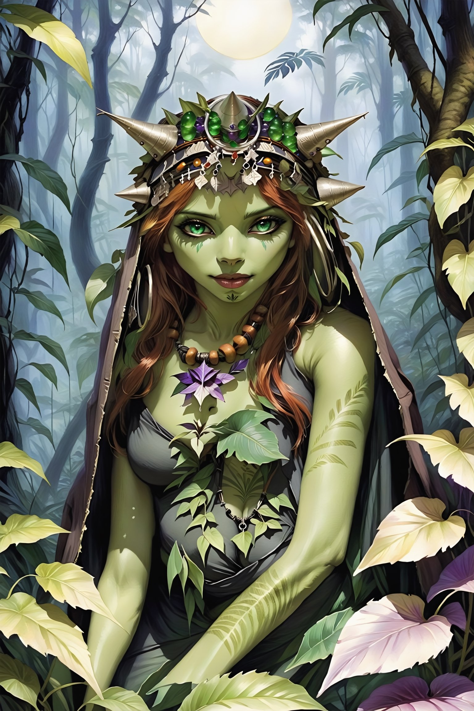 (Designed by Brian Froud), 

(Designed by Louis Majorelle), 

oil painting, 

chiaroscuro, 

comic style, 

sci fi, 

A graceful lithe armored adorable vegetal-feline hybrid creature that is part-calladium and part-alien, 

insectoid face, 

skin made of layered leaves and bark, 

peridot skin, 

fronds, 

large round eyes, 

emerald and purple tones, 

bioluminescence, 

slit nostrils, 

ethereal, 

Zoraï, 

Sylvari, 

on (cold pressed 300g/m² cotton paper), 

dynamic, 

highly detailed, 

artstation, 

concept art, 

smooth, 

sharp focus, 

illustration, 

art by John William Waterhouse and H.R. Giger, 

detailed misty jungle background, 

60-30-10 color rule, 

warm tones, 

rays of sunlight,isni