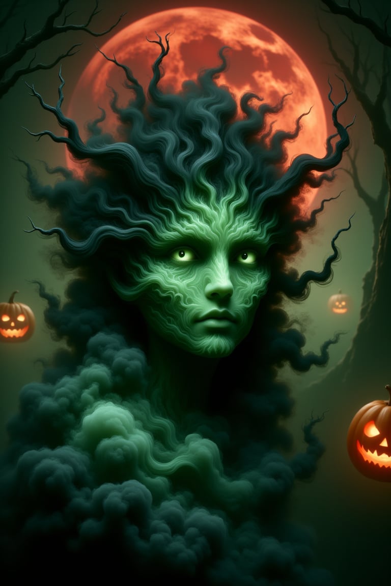 bv-smowormor. A close-up shot of a young breathtaking witch, her face emerging from a swirling mass of dark, toxic green smoke. Her eyes shine intensely, with a ghostly green glow that enhances the sharp shadows on her features. The smoke fades seamlessly below her shoulders, giving an impression of ethereal materialization. Behind her, the blood-red moon can be seen partially hidden by thick branches, creating a sense of depth, with the branches cutting across the moon's light naturally and reinforcing her spectral, otherworldly presence . The final iteration further refines the logical positioning of the blood-red moon. It is always described as being naturally placed behind the tree branches, with these branches breaking the moonas light in a realistic way, adding consistent depth to the scene. The lighting elements are balanced so that the green underglow and red moonlight coexist without competing, while sharp focus emphasizes each detailawhether it is the texture of her robes, the ancient trees, or the flickering glow of the jack-o'-lanternsaall contributing to a cohesive and chillingly realistic scene. , <lora:bv-smoke-world-morph-