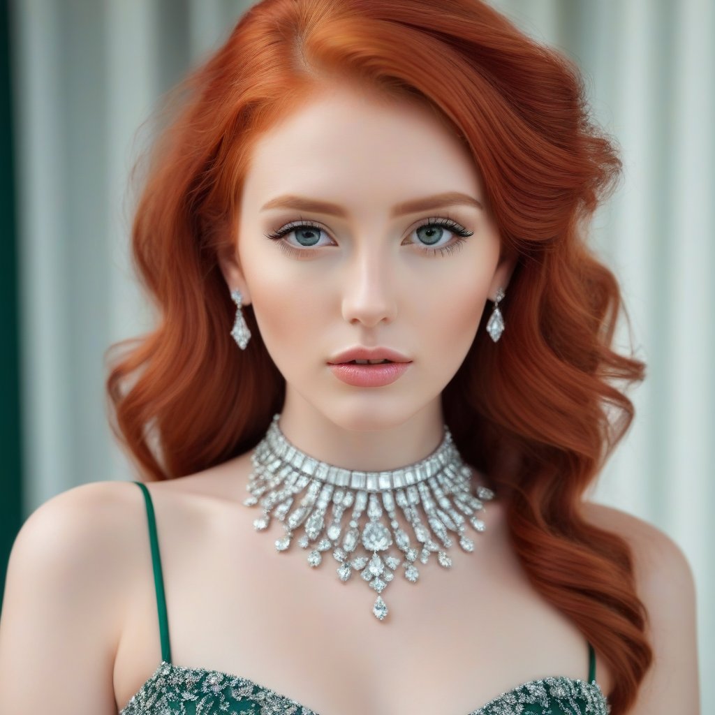 A beautiful girl with red hair, a beautiful face, a green dress with diamond inserts. shine of diamonds, stylization. many details