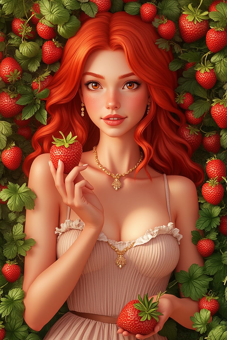 a beautiful girl with red hair, against a background of strawberries,with green leaves, holding a strawberry in her hand