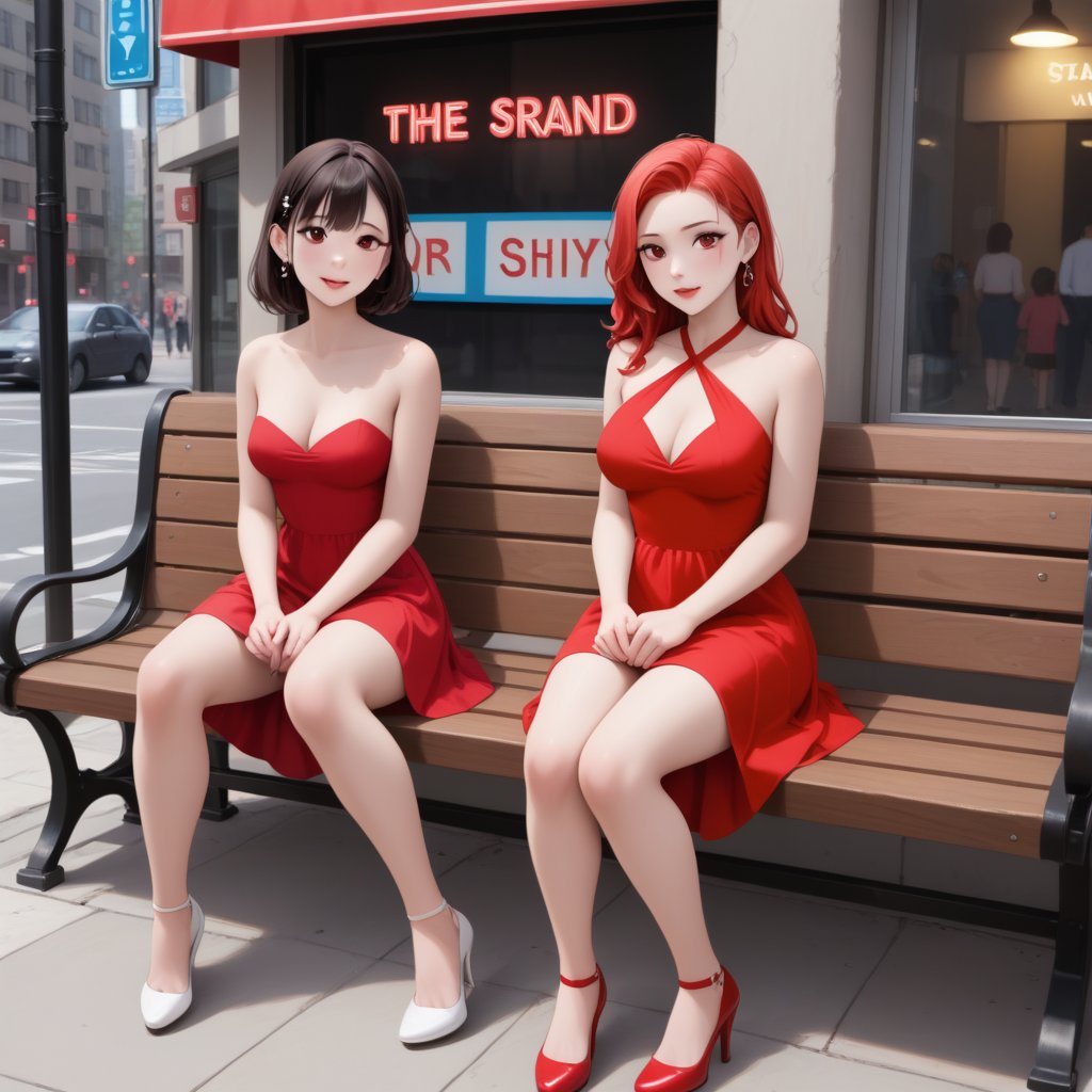 two girls in neon style, in a red dress,sitting on a bench against the background of the city,a lot of signs,