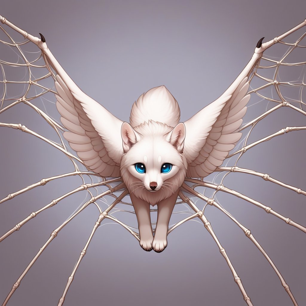 A FLUFFY animal, with blue eyes, a long nose, wings on its back made of golden spider threads, cobwebs