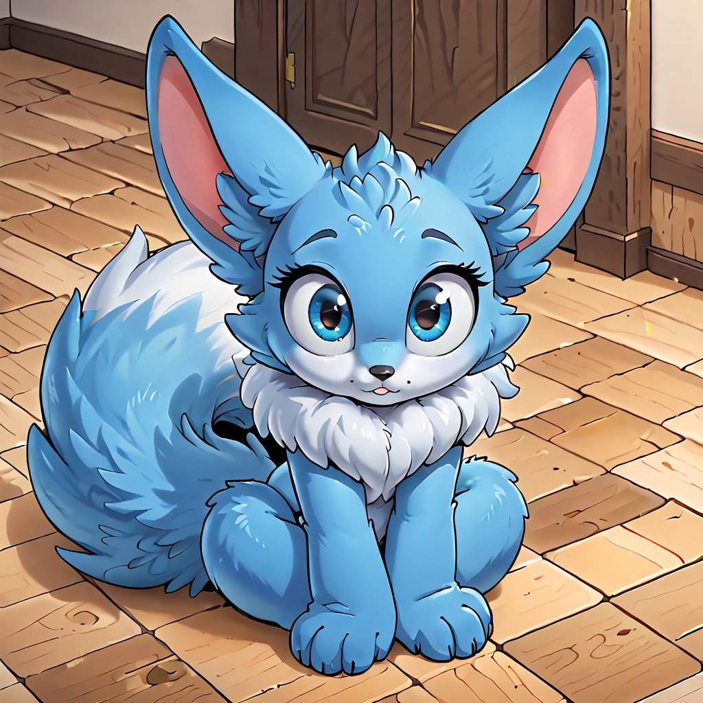 a big beautiful blue color animal, fluffy,big eyes, sitting on the floor,