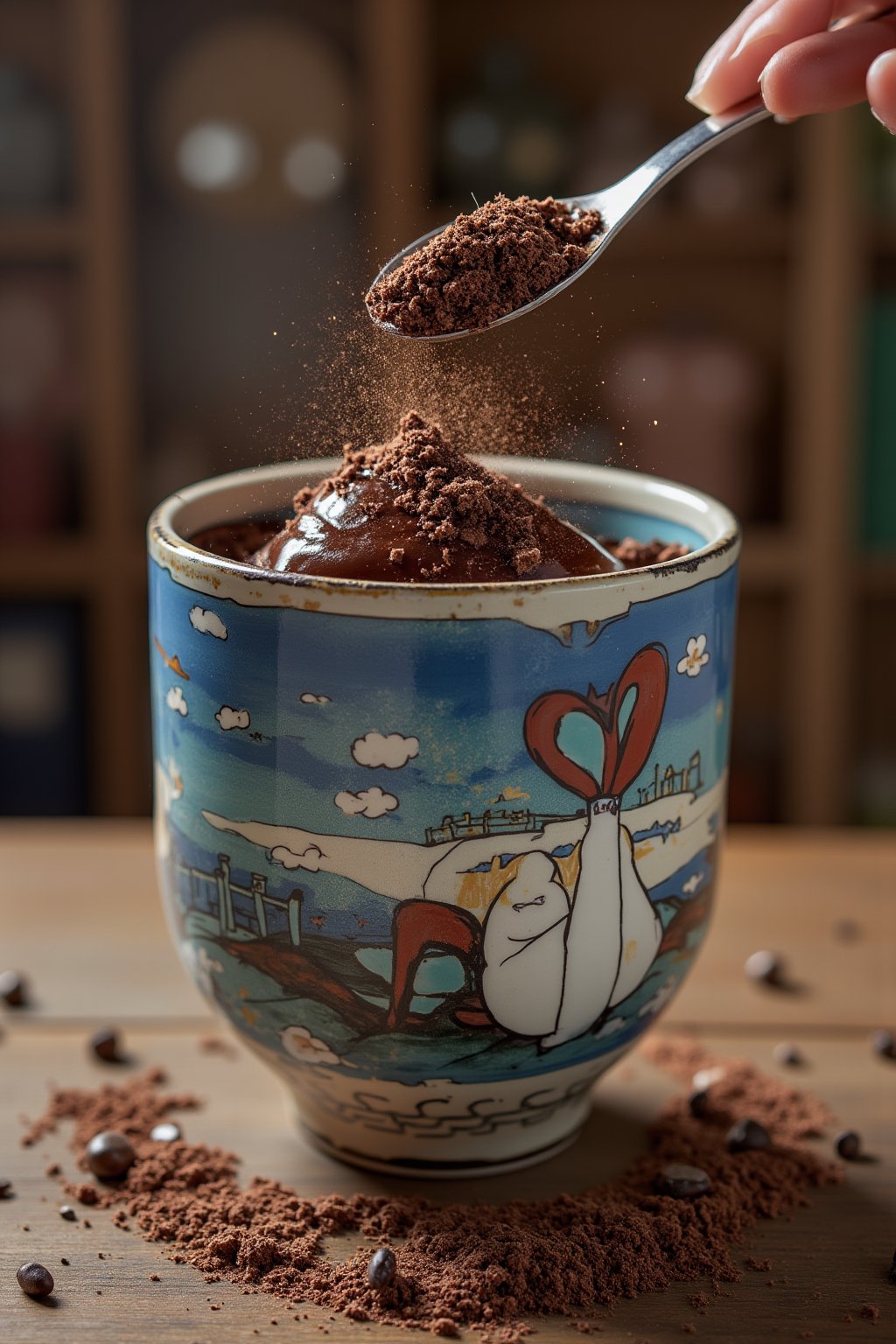 the ceramic cup is painted in khokhloma, stands on a wooden table, there is a lot of cream in it, I sprinkle grated chocolate on the cream. many details of hyperdetalization