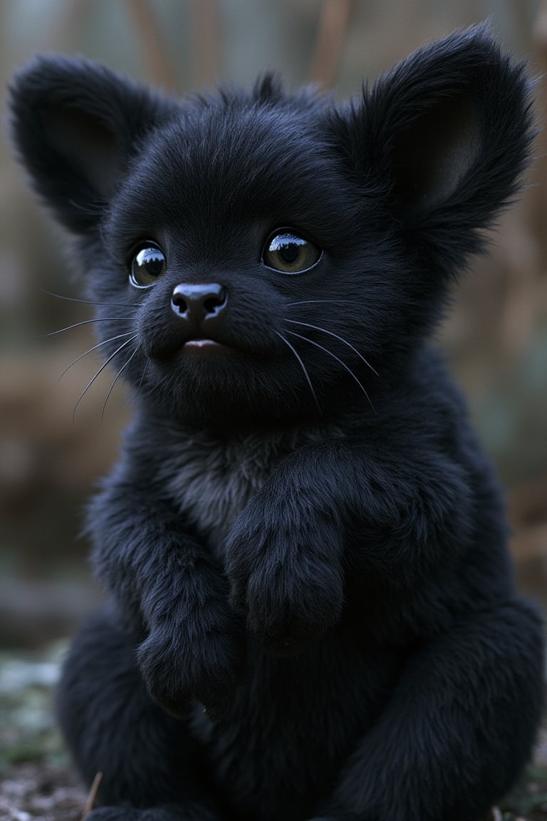 a beautiful animal, black in color, with big eyes,fluffy,long ears