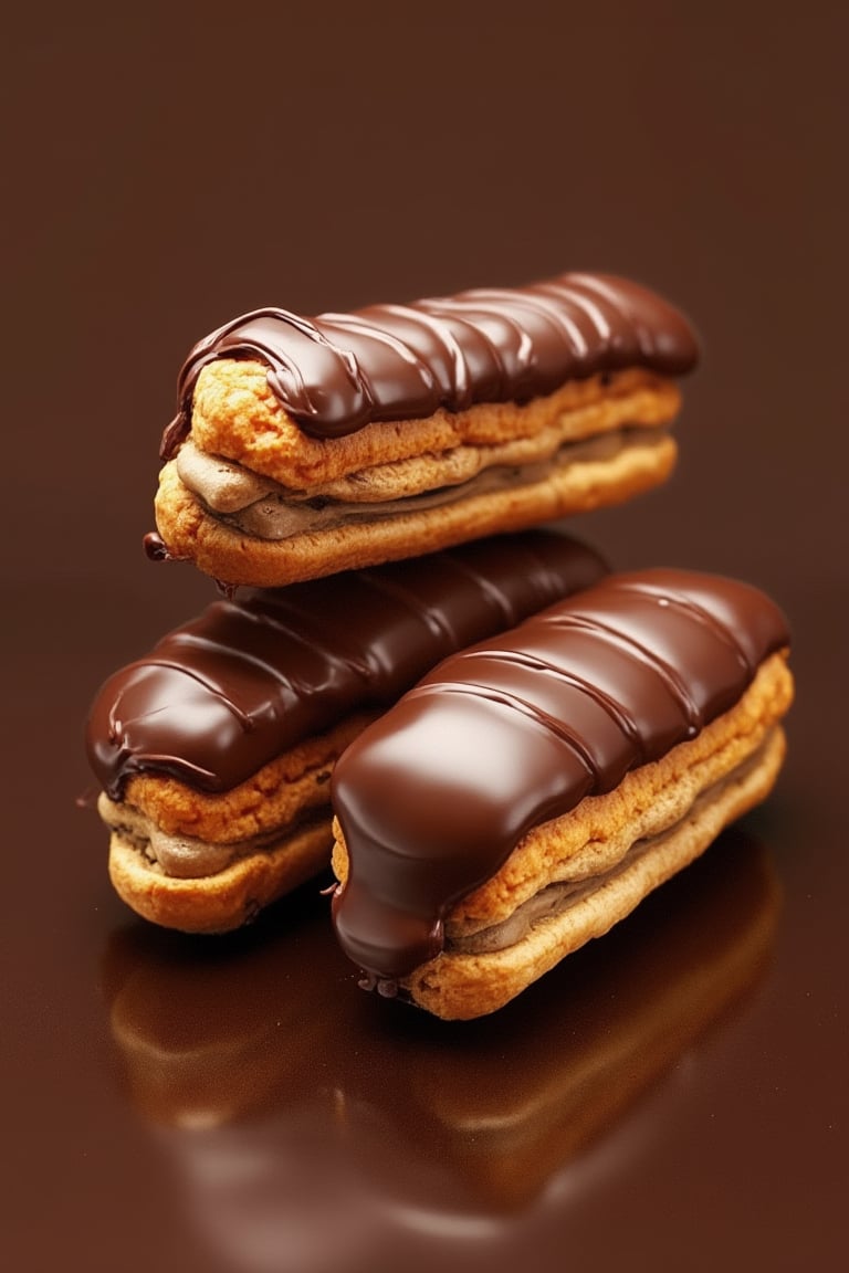 chocolate eclairs on a brown background photorealism