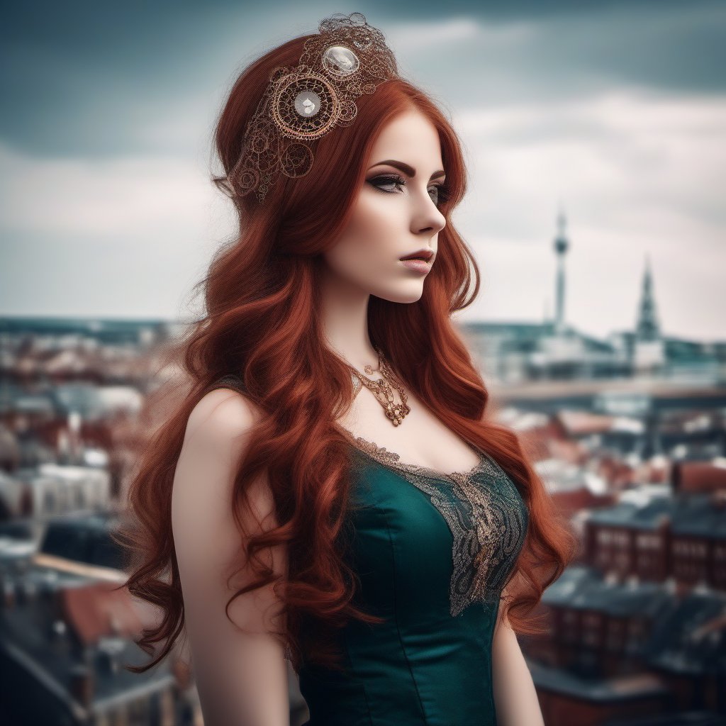 beautiful steampunk girl with long brown hair,against a city background,a beautiful girl with red hair, a beautiful face, a green dress with diamond inserts. shine of diamonds, stylization. many details"