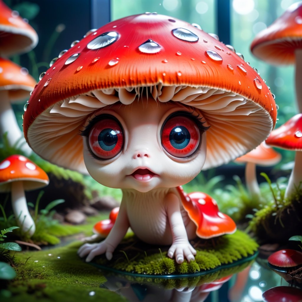 A mushroom, red in color, with big eyes, lay down on the ground, lying on a glass table.hyperdetalization,close-up,poster,stylization