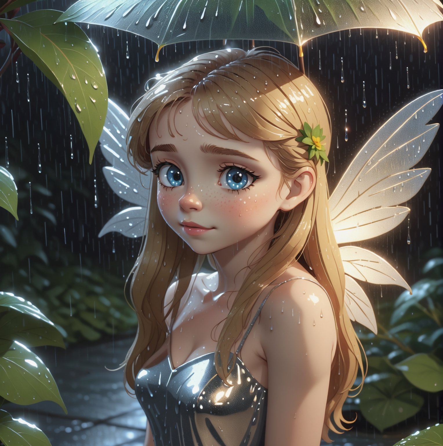 sparkling eyes, wet, in rainy night, Thumbelina takes shelter from the rain under a big leaf, flowers (best quality, top quality, masterpiece), CG, (3d, Disney style), (octane render, ray casting, physically based rendering), detailed reflection, cinematic shot, ultra-detailed, aesthetic, (fairytale theme), detailed background, beautiful detailed face, transparent wings, shiny hair, shimmering dress, embarrassed face, luminescence, lora, 8k, UHD, HDR, (Masterpiece), (best quality), By lidija,v0ng44g,JAR,p0rtr14t