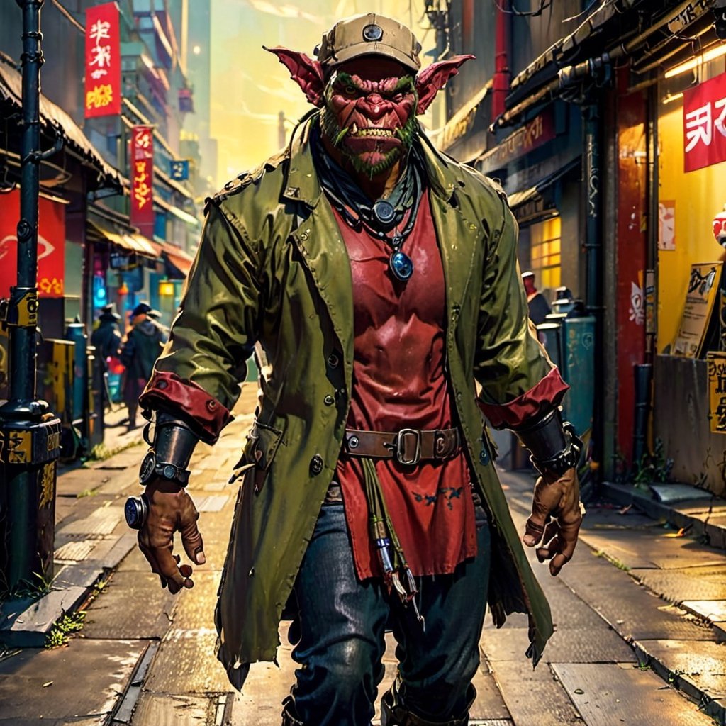 a red faced ork, in the shadowrun universe, wearing a french tweed Gavroche Cap, a beige tee shirt and a black jean. Looking like a japanese Oni, no decoration, no jewels, just a long armored jacket