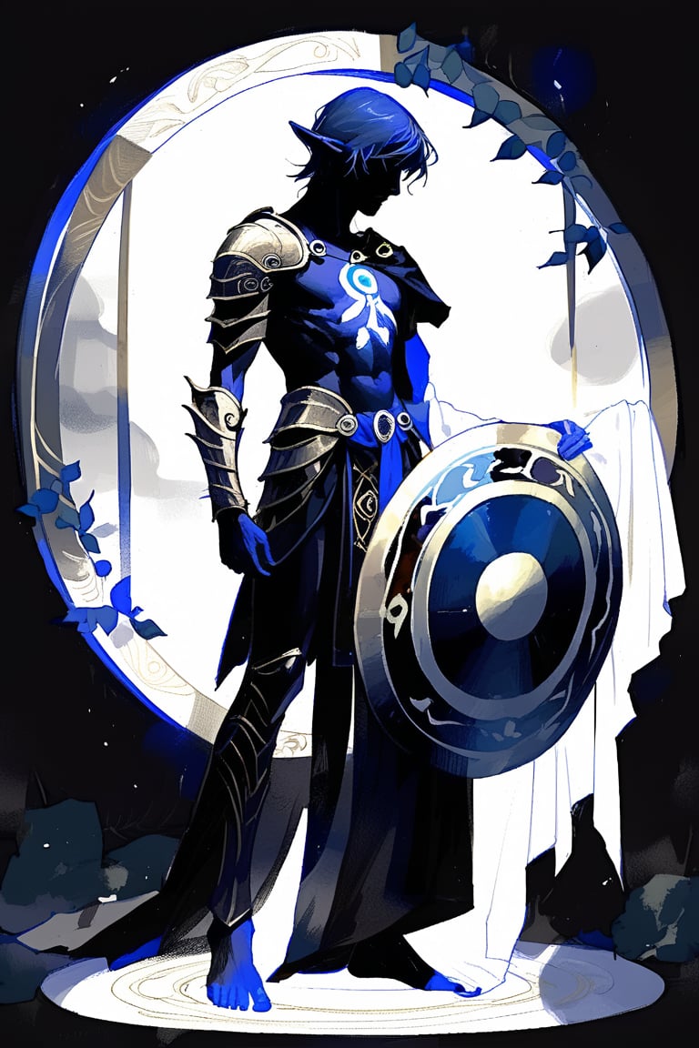 a male elf druid, slender, dark blue hairs, increadible beauty, sad, mourning, ancient Greece and heroic fantasy universe, with two curved bladesn pretty ring, greek leather armor and a greek round shield, highly detailed, full body,