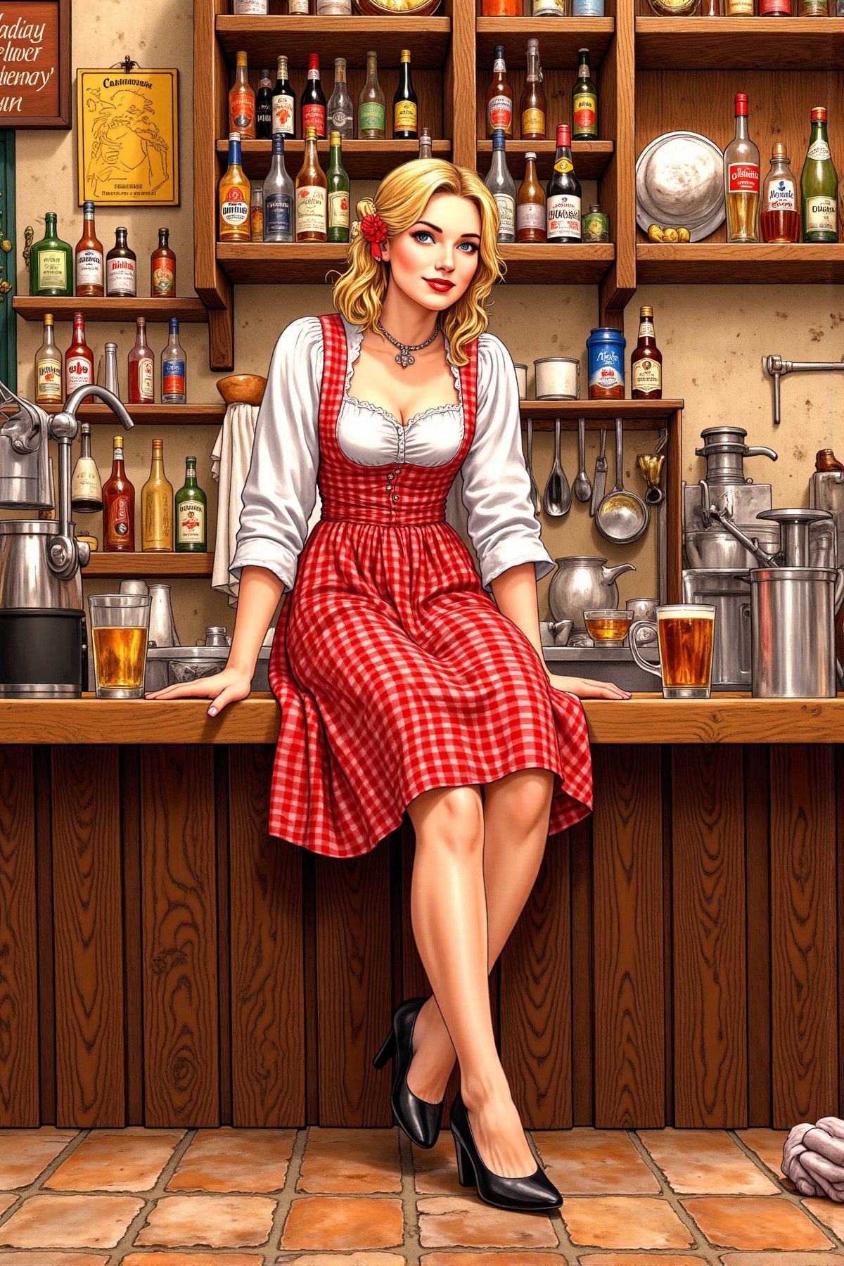 illustration, beautiful 25 year old medieval german woman, smile, dirndl, barefoot. sitting  on the counter of the pub. 