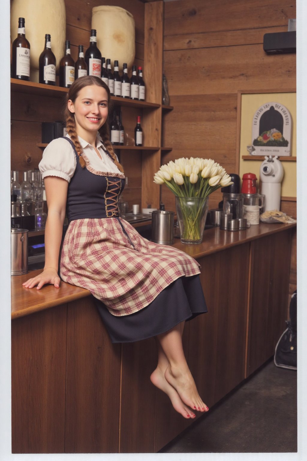 (polaroid photo:1.2) beautiful 25 year old medieval german woman, smile, dirndl, barefoot. sitting  on the counter of the pub. masterpiece artwork, dynamic composition