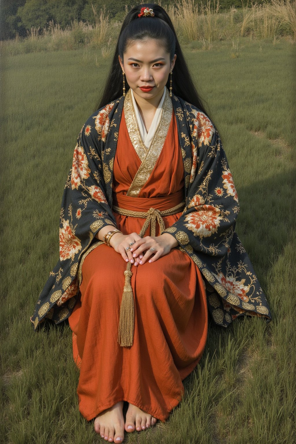 painting, beautiful 25 year old medieval japanese woman, kimono, barefoot. sitting  in the grass . sadistic smile, cruel mistress. evil smile.  focus on her foot. foot in focus. 