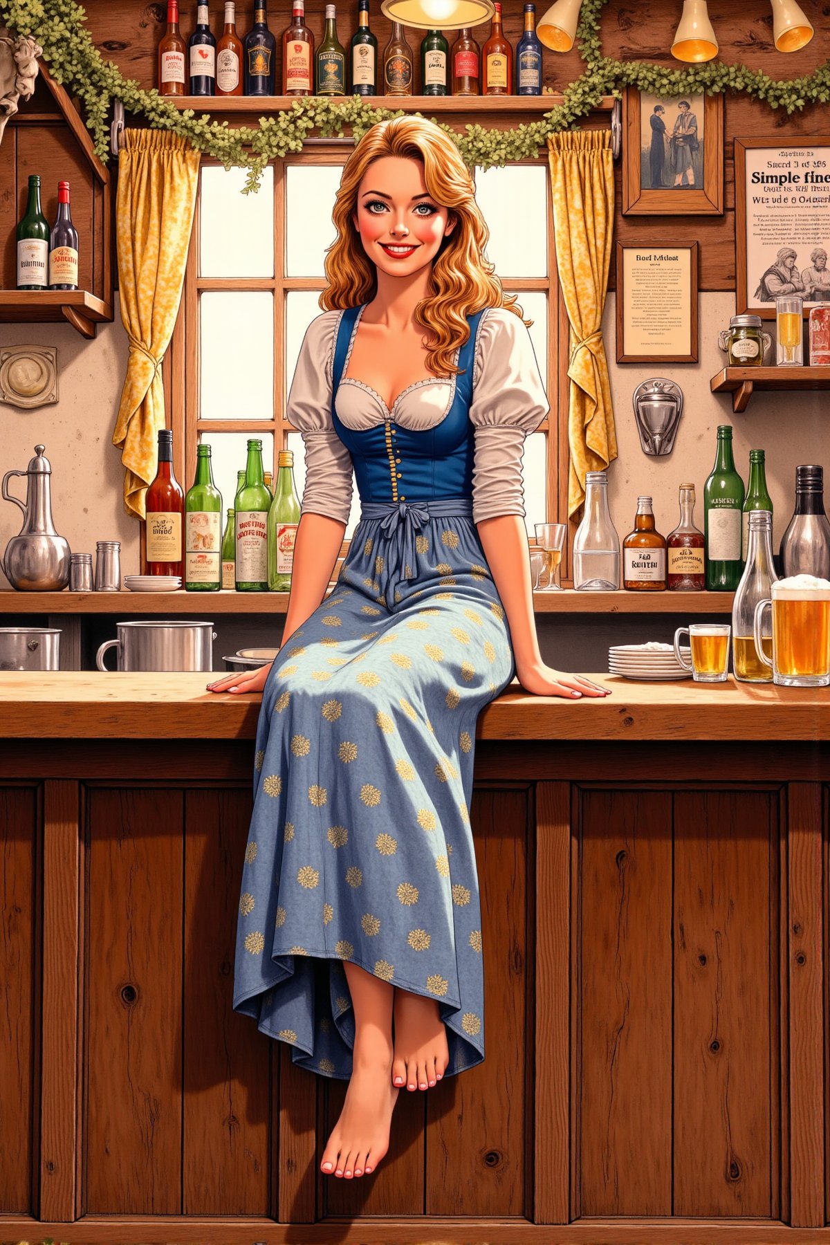 illustration, beautiful 25 year old medieval german woman, smile, dirndl, barefoot. sitting  on the counter of the pub. 