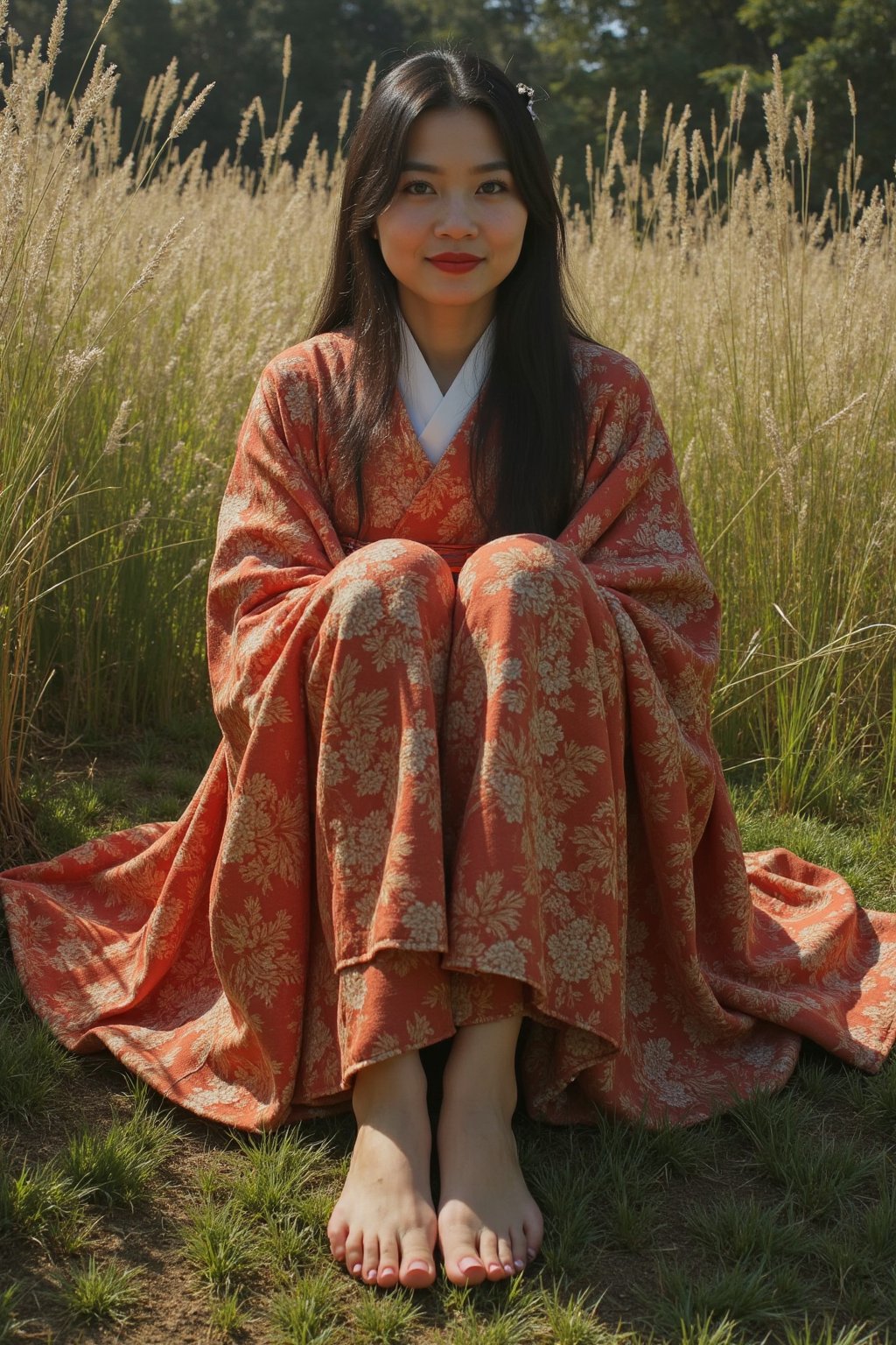 painting, beautiful 25 year old medieval japanese woman, kimono, barefoot. sitting  in the grass . sadistic smile, cruel mistress. evil smile.  focus on her foot. foot in focus. 