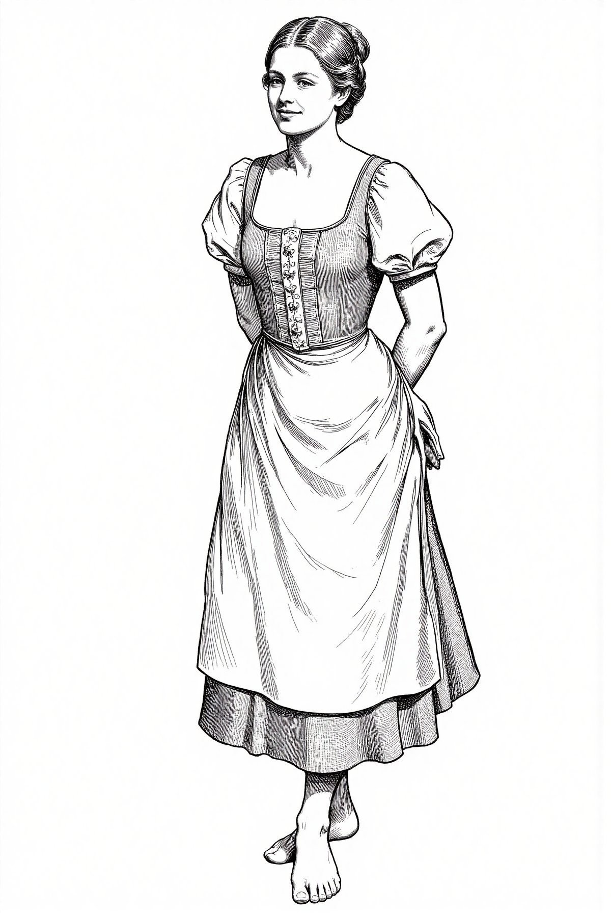 (Ink style drawing:1.2), beautiful 25 year old medieval german woman, smile, dirndl, barefoot.  masterpiece artwork,, masterpiece artwork, intricate detail, dynamic composition, beautiful lighting, CharlesDG