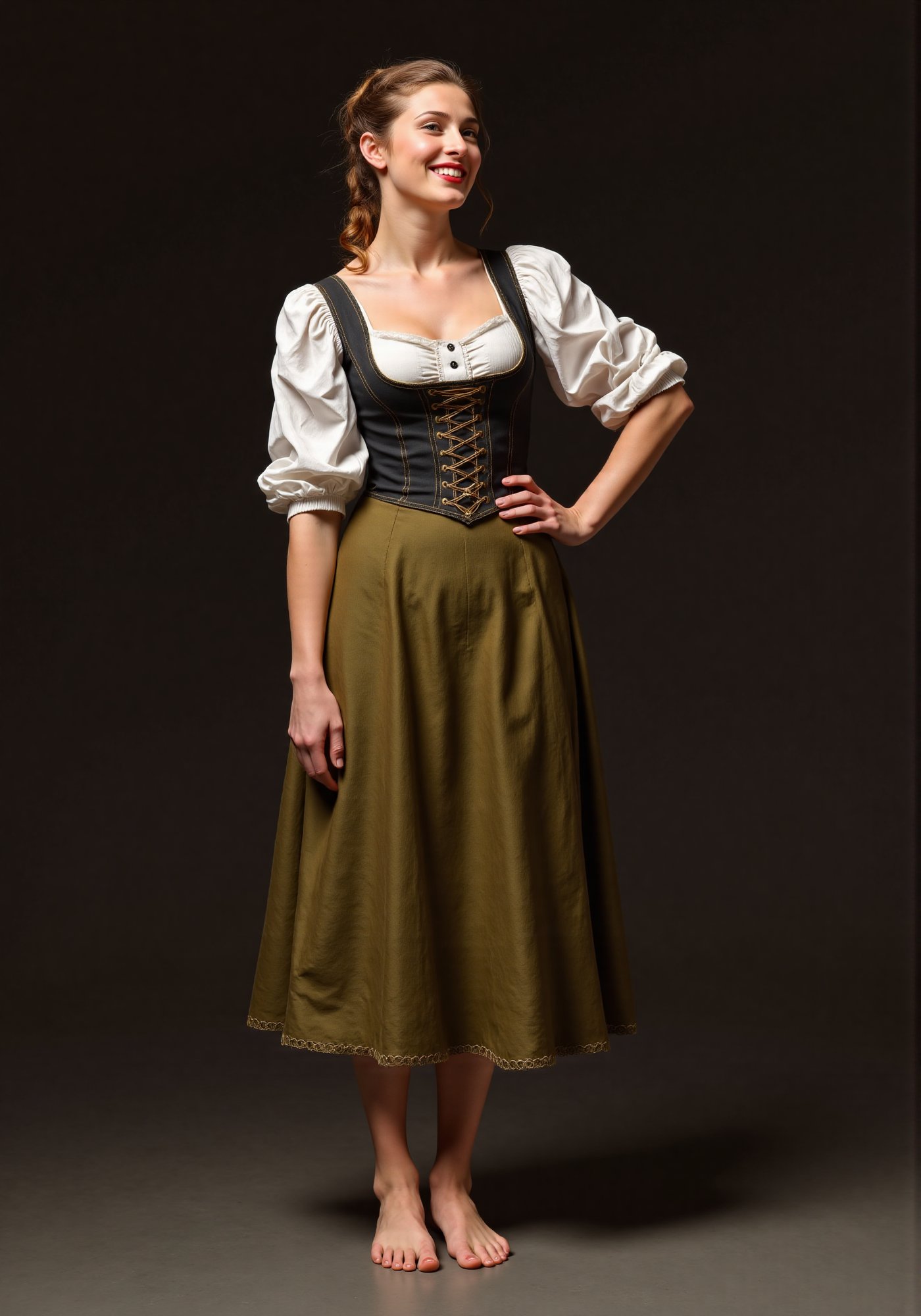 beautiful 25 year old medieval german woman, smile, dirndl, barefoot.  masterpiece artwork,, masterpiece artwork, intricate detail, dynamic composition, beautiful lighting, CharlesDG