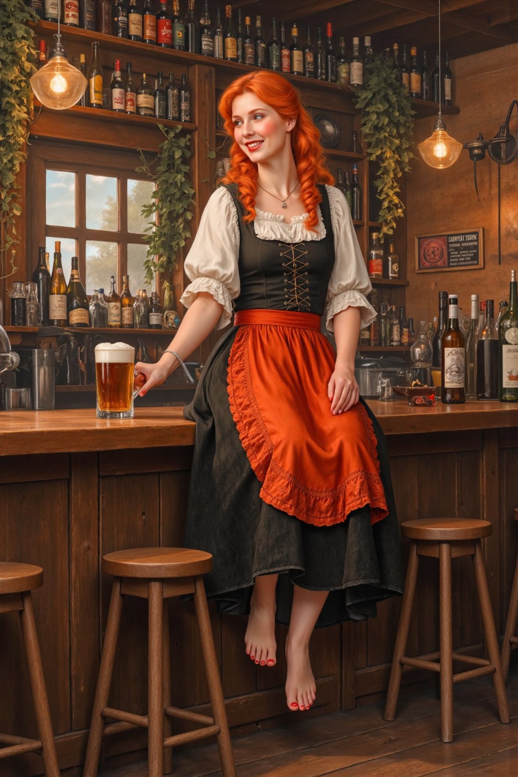 illustration, beautiful 25 year old medieval german woman, smile, dirndl, barefoot. sitting  on the counter of the pub. 