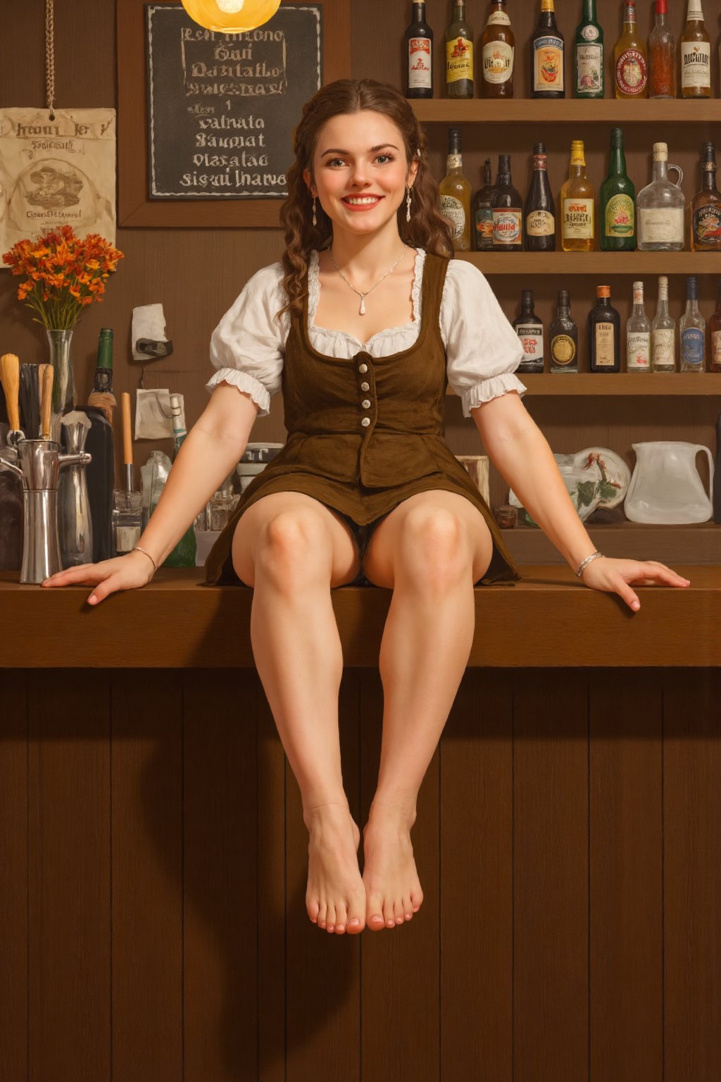 illustration, beautiful 25 year old medieval german woman, 25 years old, tall and slender, smile, dirndl, barefoot. sitting  on the counter of the pub. 