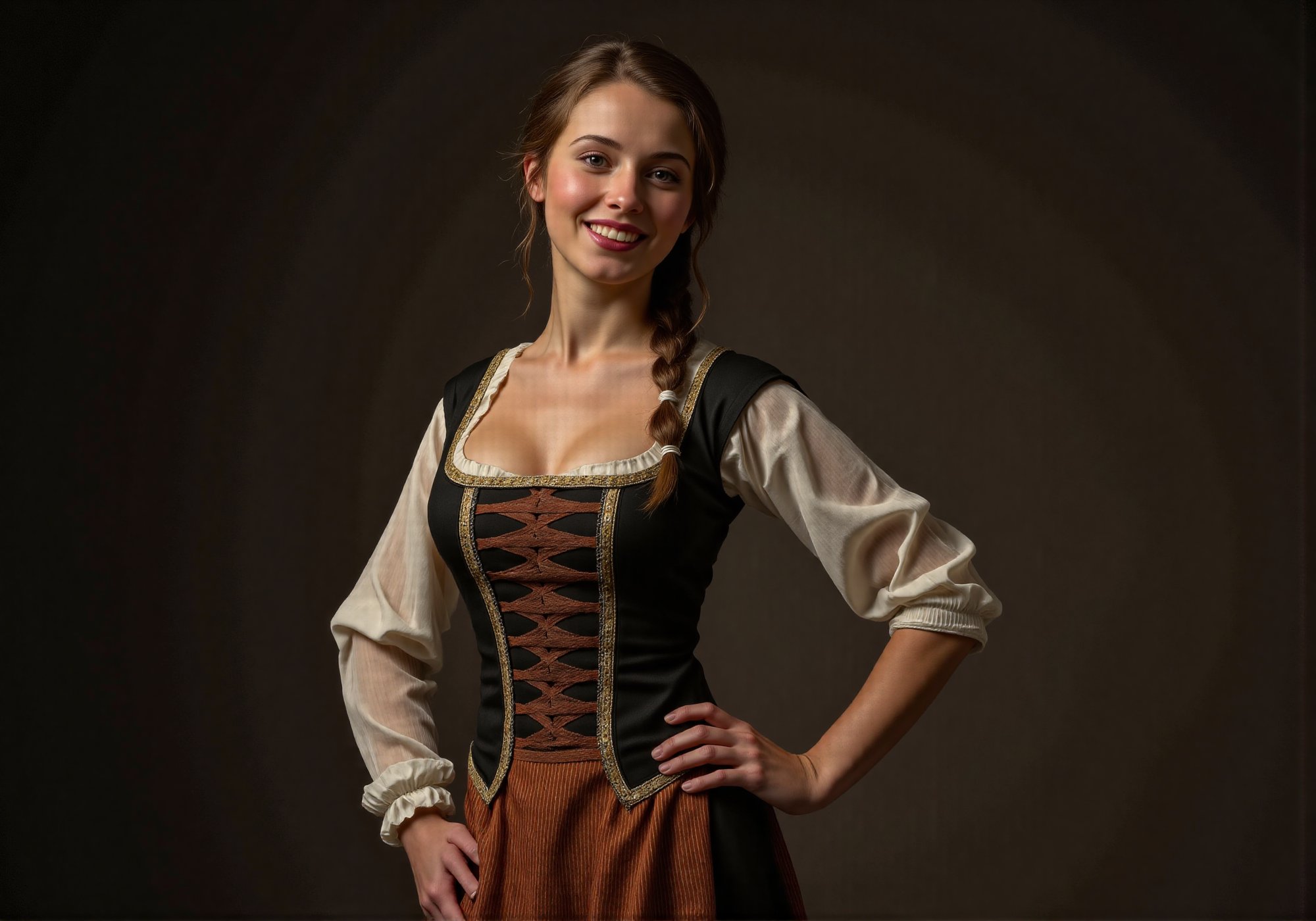 beautiful 25 year old medieval german woman, smile, dirndl, barefoot.  masterpiece artwork,, masterpiece artwork, intricate detail, dynamic composition, beautiful lighting, CharlesDG