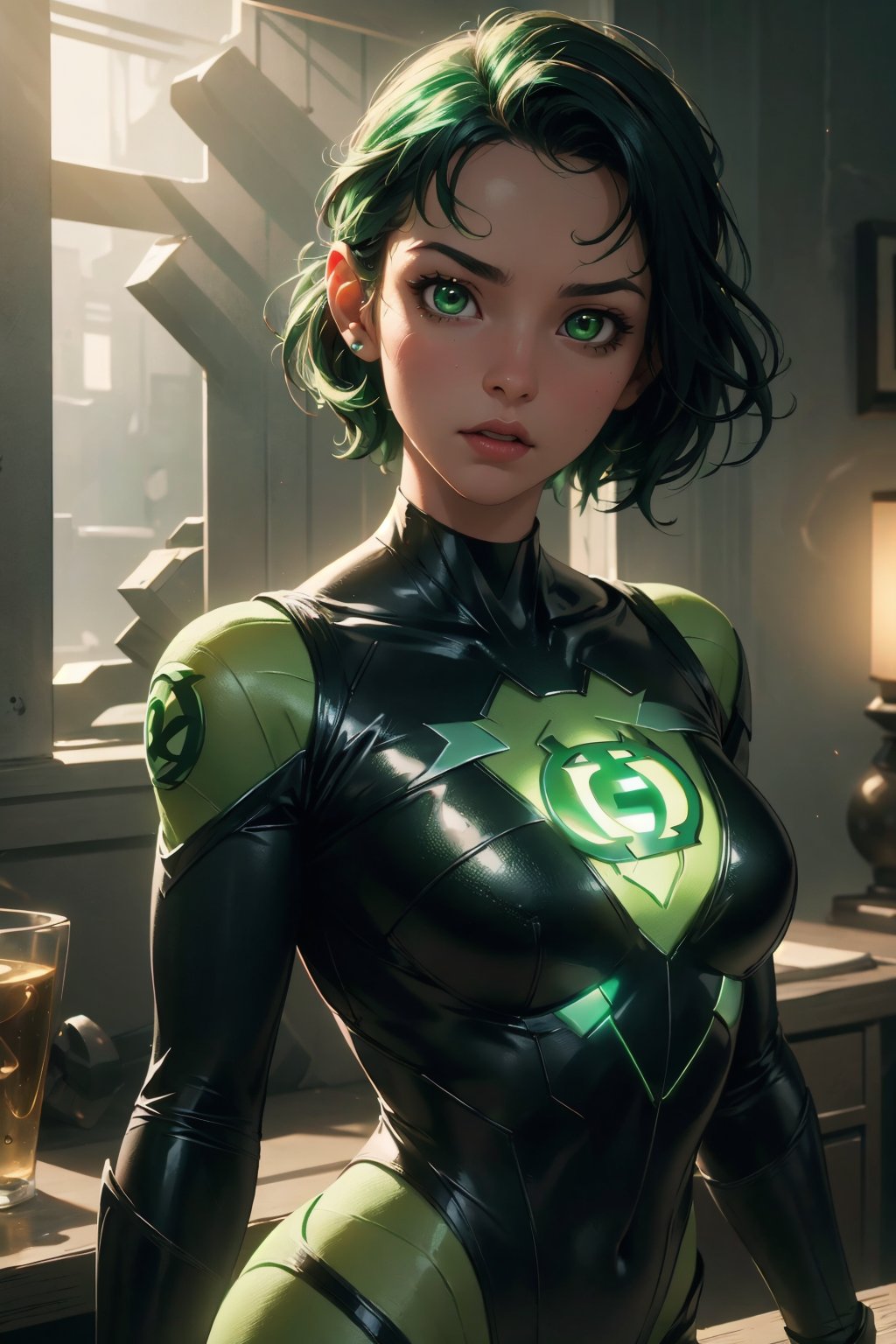 Highres, best quality, extremely detailed, area lighting in background, HD, 8k, 1girl, cute, green lantern