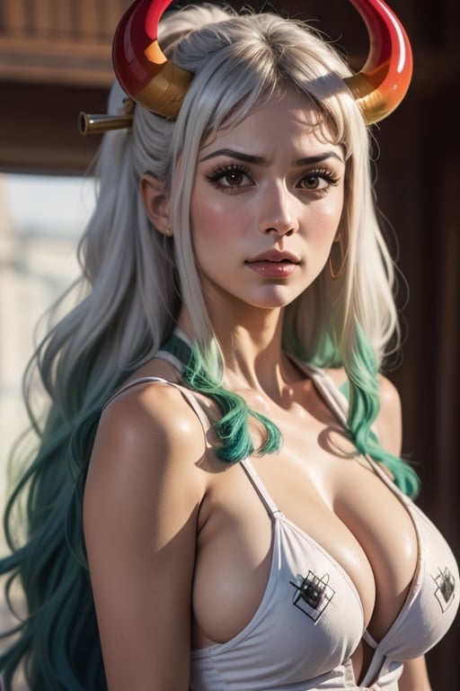 High Definition, 300 Dpi, 4k, beautiful, silver long hair, tosca highlighted, bold eyebrow, perfect make up, hyper realistic, Red and Orange gradation horn, attractive, cleavage big breast, best quality, MASTERPIECE,Yamato,YamatoV2,yamato\(one piece\)