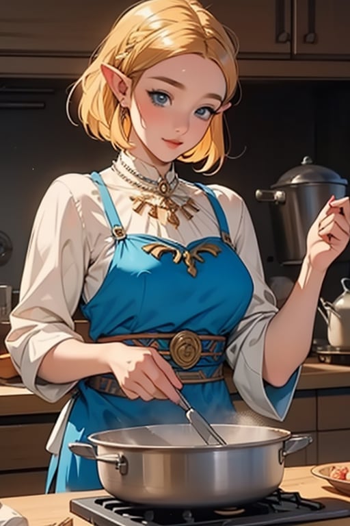 High Definition, 300 Dpi, 4k, beautiful, cooking at kitchen, attractive, best quality, MASTERPIECE,1girl,princess zelda,ZeldaTOTK,short hair,More Detail