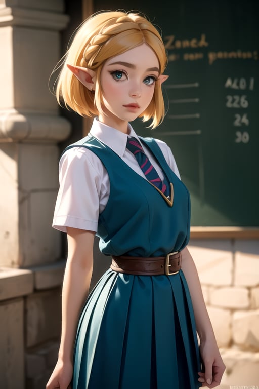 High Definition, 300 Dpi, 4k, beautiful, wearing school uniform, attractive, best quality, MASTERPIECE,1girl,princess zelda,ZeldaTOTK,short hair