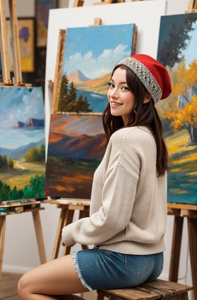 Impressionist painting depicted a young brunette painter, sitting on a stall in front of a painters Easal painting a country landscape picture, in an art studio,  wearing a sweater and short denim shorts and a red french beret, while sitting in her art studio. A slight smile, Long shot. Side view. Masterpiece. ultra-sharp. Highly detailed, sharp focus, xyzsansweater223