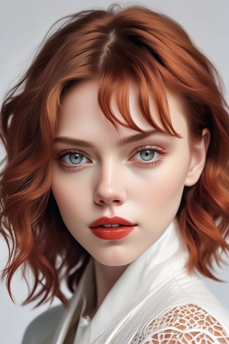 masterpiece, high quality, realistic aesthetic photo ,((head and shoulders view:1.6)), intricate detailed, graceful and beautiful textures, RAW photo, 16K, sharp forcus, white background, (white-color art poster:1.4) beautiful face of Scarlett Johansson,  ginger hair, detailed cool face, eye shadow, red-lips, white fair skin,hubggirl