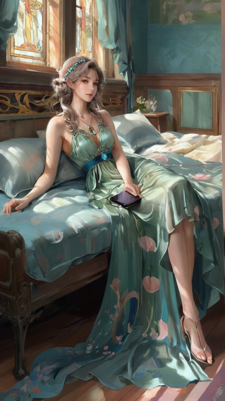 woman laying on a bed with a pillow and a cell phone, a pastel by Eva Frankfurther, reddit, art nouveau, summer dress, wearing in a summer dress, silk dress, cute sundress, cute dress, beautiful silky dress, sundress, in a dress, beautiful soft silky dress, flowing dress, soft cute colors, wearing sundress