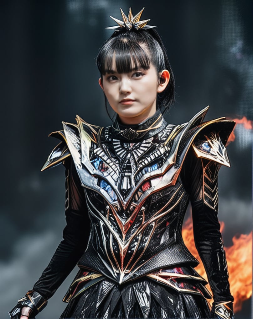 an upperbody close-up realistic shot with ultra detailed photo of sumetal from babymetal wearing a black metal cyborg suit , dark future battlefield background, ,heavy_jacket,Fire Angel Mecha.  hyper realistic photo, UHD quality. hyper realistic photo, UHD quality., focus,more detail XL., ,suzuka,bm