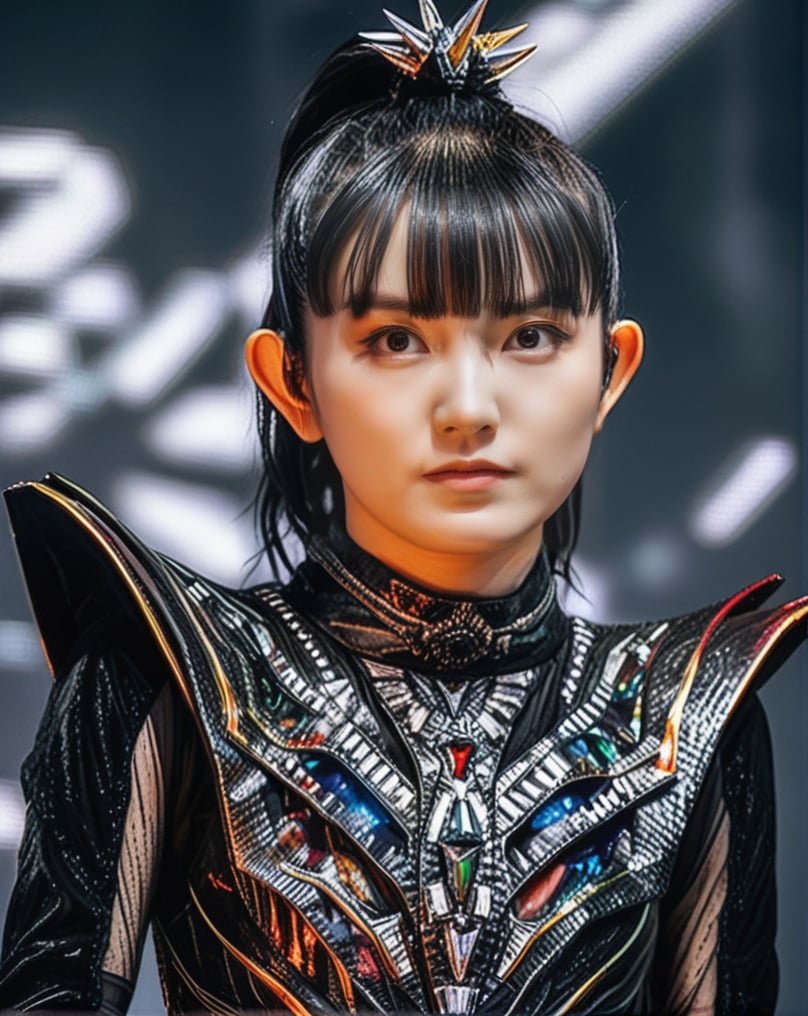 an upperbody close-up realistic shot with ultra detailed photo of sumetal from babymetal wearing a black metal cyborg suit , dark future battlefield background, ,heavy_jacket,Fire Angel Mecha.  hyper realistic photo, UHD quality. hyper realistic photo, UHD quality., focus,more detail XL., ,suzuka,bm