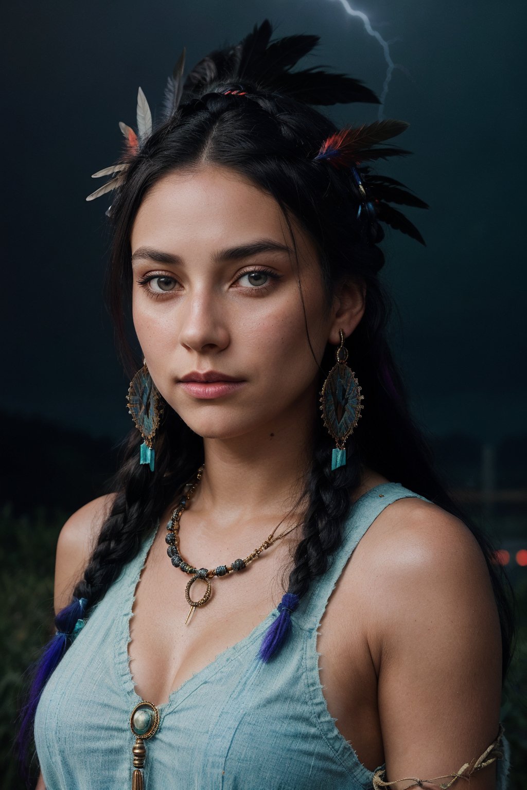 (full portrait, half shot), 1girl 18 years old, (native american), headdress, mystical, long black hair, braids,  ((facing viewer)), (gorgeous face), (extremely light detailed and symmetric greenish eyes with circular iris), ((beige frayed clothes, prayer beads, tribal jewelry, feathers, jade, obsidian, detailed clothing)), realistic skin texture, , ((dense purple smoke, whirlwind)), )((wind, foggy, lightning, thunder))), ((storm)), (tuned skin), hyper realistic, high detail, ((red and blue light, neon lights))