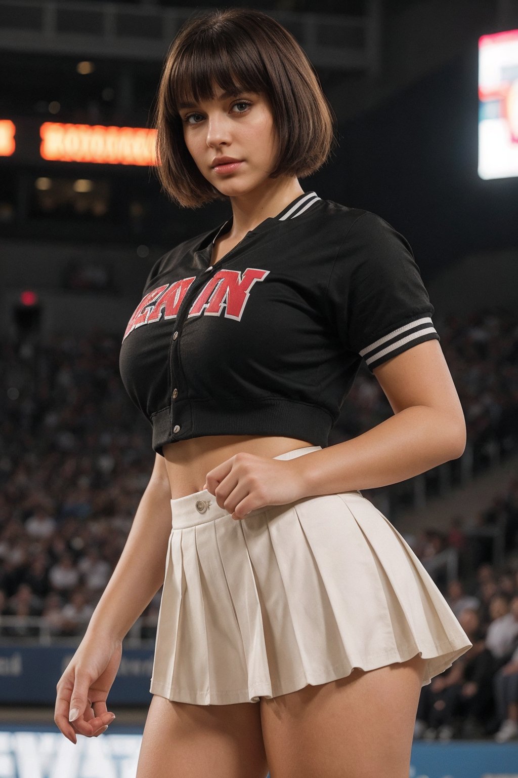 curvy teenager, 18 years old, (with a bob and bangs, dressed in a varsity jacket, pleated skirt, sport t-shirt and high-top sneakers, cheering on her team at a sports game), ((facing viewer, looking at viewer)), innocent, blond, ((very small breasts)), tanned skin, small breasts, perfect hands, perfect fingers, perfect nails, golden hour, high contrast, RAW, photorealistic, realistic, post-processing, max detail, roughness, real life, ultra realistic, photorealism, photography, 8k uhd, professional color grading