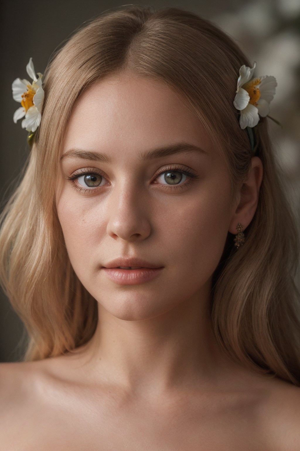 ((amazing quality, award winning, intricately detailed, ultra realistic, extremely detailed 8K)), princess teenager in a alien plannet, blond, full body, detailed symmetric circular iris, naked, floral headband, faded art