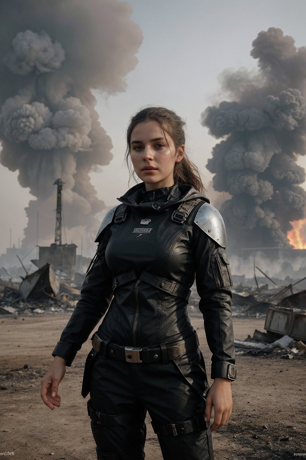 a girl in a futuristic costume, dirty face, 18 years old, standing behind a devastated place, destroyed helicopter, smoke and fire, demolished city, dirty, Americo Makk, photoreal, concept art, antipodeans, dramatic rim lighting, smooth background bokeh, (((color grading))),  sandstone, sandstone old, asphalt, treebark, sandstone natural, tree liches, cracked, cracking