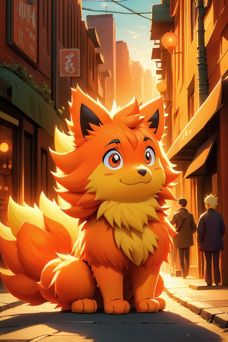 waiting on a city street corner , at sun rise, cute kurama from anime naruto, cute, photo shooting, pixar animation, highly detailed fur