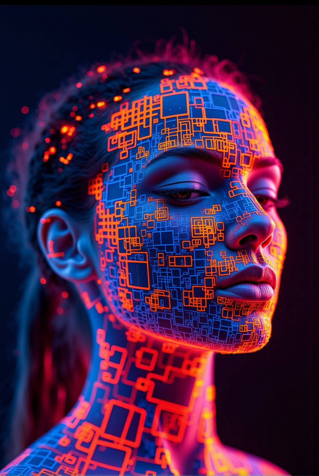 A vivid neon explosion of glowing squares, geometric patterns and sharp lines that form the portrait of a futuristic woman, visually striking and dynamic, dark background, sharp focus, crisp quality, HD, DOF, 4k, intricate detail, dynamic composition, beautiful lighting