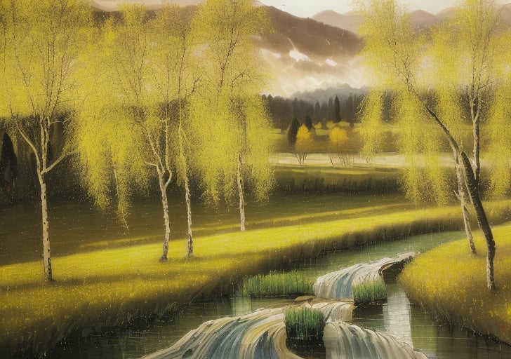 wgz_style,shukezouma,guofengnv,masterpiece, best quality,A painting, a landscape in early autum, willow trees, rivers, distant mountains, night, bright pictures