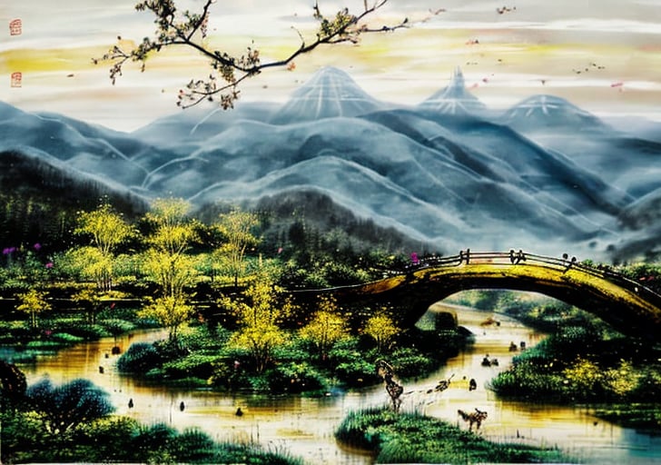 wgz_style,shukezouma,guofengnv,masterpiece, best quality,A painting, a landscape in spring, bamboo forest, distant mountains, dragon with red flame skin flying above river, bright pictures, realistic,yuyao