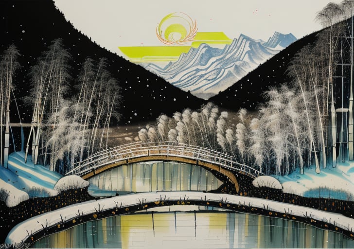 wgz_style,shukezouma,guofengnv,masterpiece, best quality,A painting, a landscape in winter, snowy, bamboo trees, rivers, distant mountains, night, moon, dragon(red flame skin flying above), bright pictures, realistic