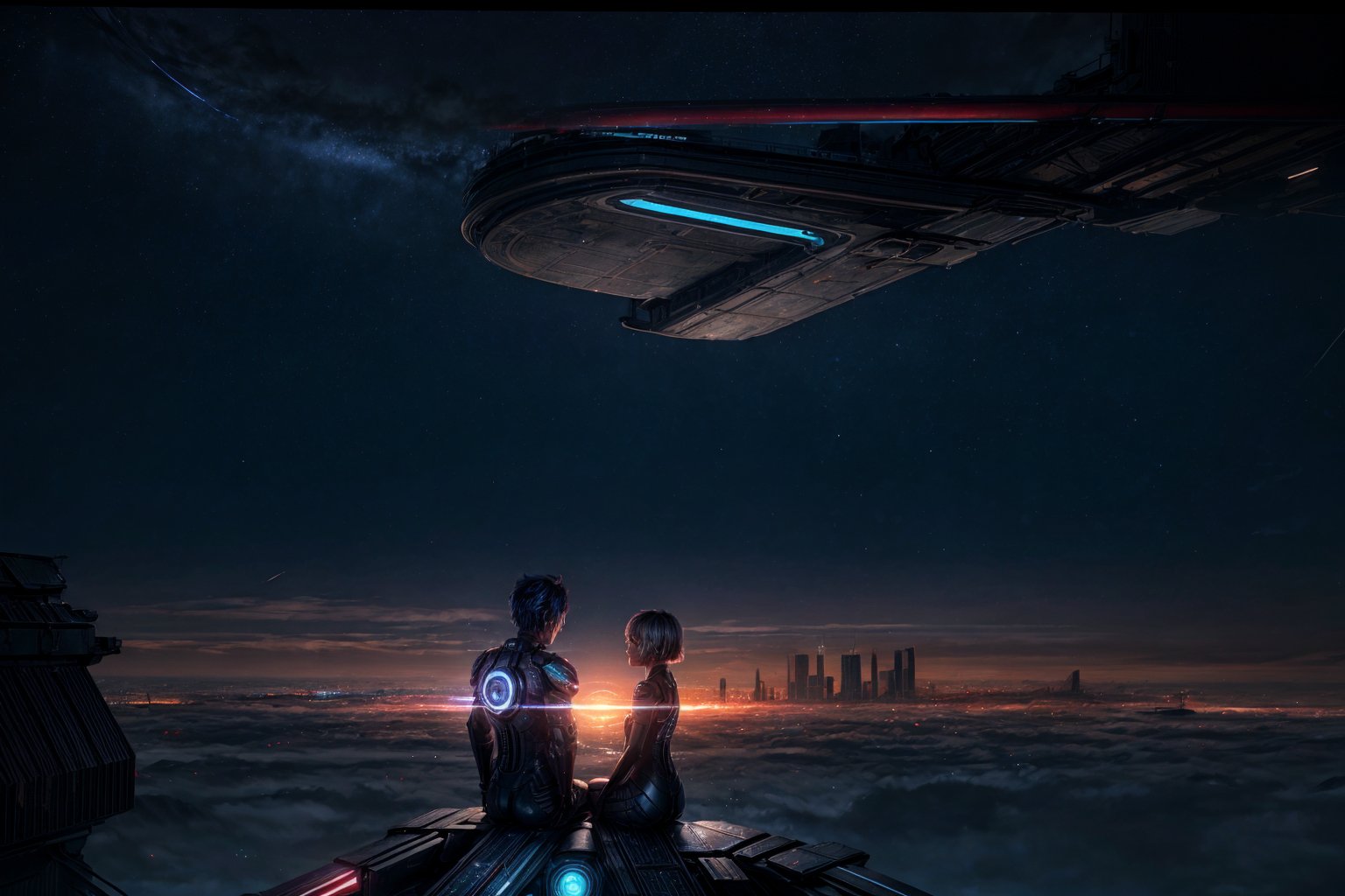 ((best quality)), Two persons sitting together on the edge of a roof, sci-fi wallpaper, (seen from the back), futuristic city in the background, night, (many planets in the sky), luminous planets similar to saturn, nebulae, cyberpunk light, (city of high futuristic skyscrapers), cinematic look, film shot, camera blur, depth of field, film grain, balanced colours, extreme photorealism, background with impressive details and monumental architecture, galaxy