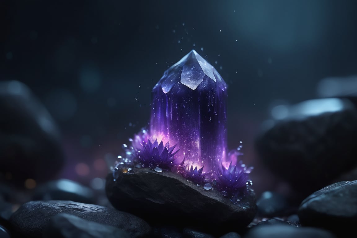 A fairy dark cavern with magic enchanted crystals on the rock, amethyst, the shape of the crystals is a tall cylinder an they grow with different and chaotic angles, crystals growing on the rock of a cave, the light emitted by the crystals is the only light source and shines on the dark rocks that sourround the crystal, wet rocks, apart from this light, the cave is completely dark, coloured crystals, bioluminescence, crystals shining of proper light, light blend, camera glare, depth of field, sharp focus, miniature, dreamy light, little drops of water shines on the surrounding rocks, enchanted picture, harmonic composition, aesthetics, rule of thirds, 16k uhd raw, 50k samples, denoised, , subsurface scattering, miniature effect, bokeh blur