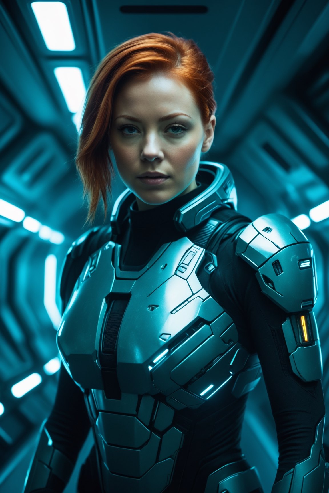 photo of  1woman in a spaceship corridor wearing a scifi armor, her appeareance is strong yet beautiful, realistic scratches dirt and rus on her armor, tech background, natural pose, high definition face, accurate face, beautiful face:1.5, ultra realistic skin, redhead, scifi armor, cyberpunk lights, high resolution background, realistic colors, interesting colors, interesting lights, dramatic lights, dramatic colors, cinematic color grading, cinematic look, shot in a set of a scifi colossal, Movie Still, detailed background, intricate details, dynamic pose, action